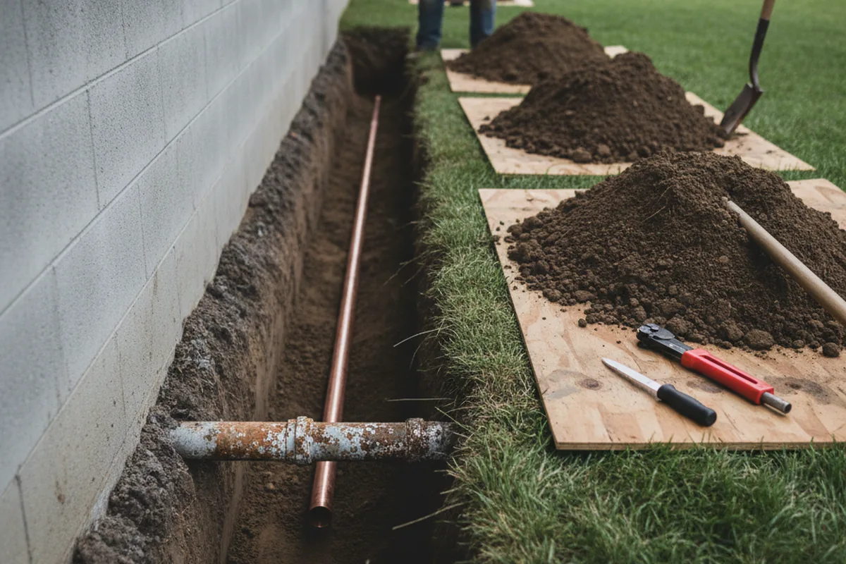 Excavated water line trench during Water Softener Installation in Axson